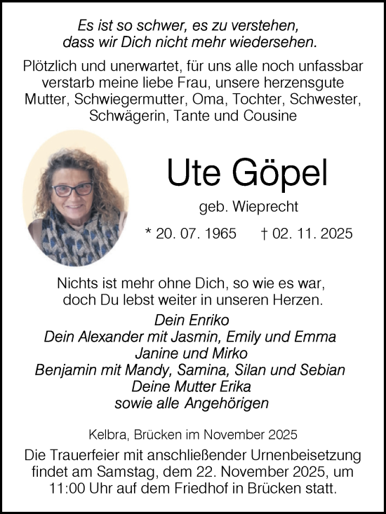 Traueranzeige von Ute Göpel von Trauerkombi Sangerhausen