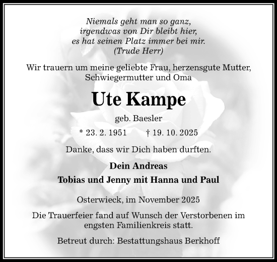 Traueranzeige von Ute Kampe von Volksstimme Halberstadt
