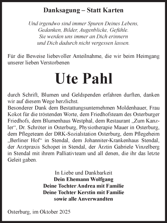 Traueranzeige von Ute Pahl von Volksstimme Altmark Ost