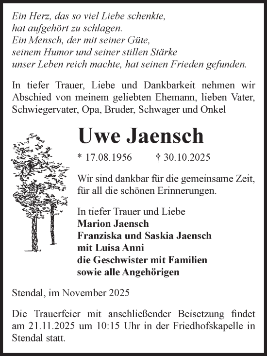 Traueranzeige von Uwe Jaensch von Volksstimme Altmark Ost
