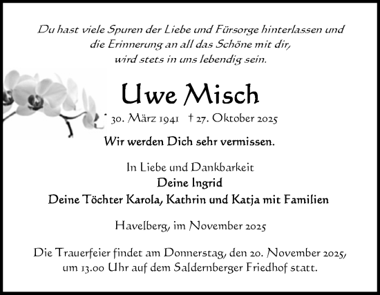 Traueranzeige von Uwe Misch von Volksstimme Altmark Ost