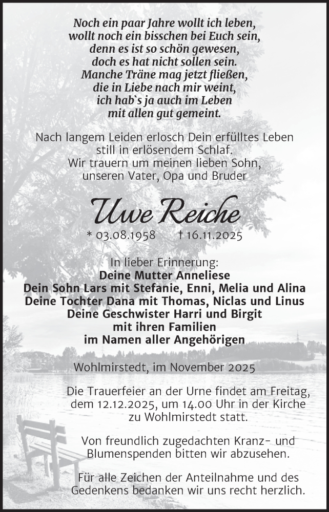  Traueranzeige für Uwe Reiche vom 22.11.2025 aus Super Sonntag Naumburg/Nebra