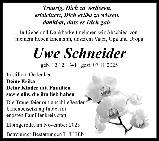 Traueranzeige von Uwe Schneider von Volksstimme Wernigerode