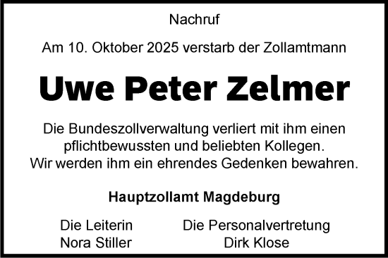 Traueranzeige von Uwe Peter Zelmer von Volksstimme Staßfurt