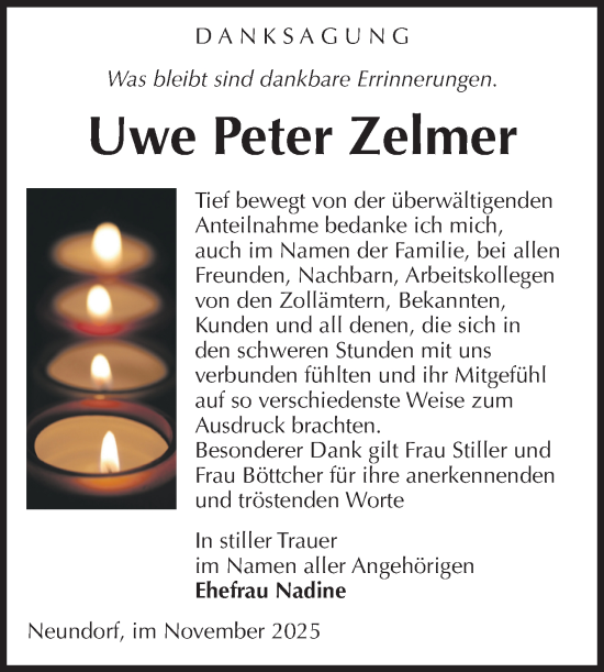 Traueranzeige von Uwe Peter Zelmer 