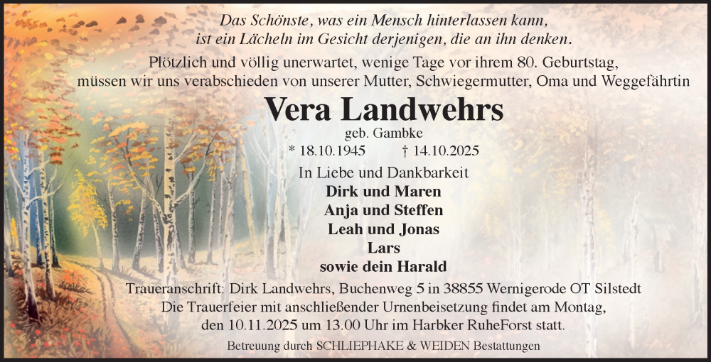  Traueranzeige für Vera Landwehrs vom 01.11.2025 aus Volksstimme Wernigerode