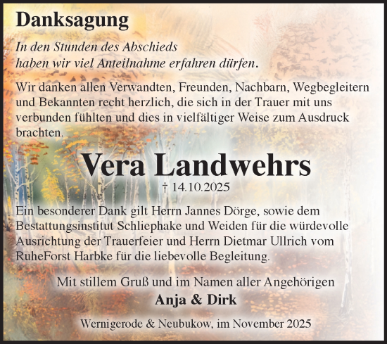 Traueranzeige von Vera Landwehrs von Volksstimme Magdeburg