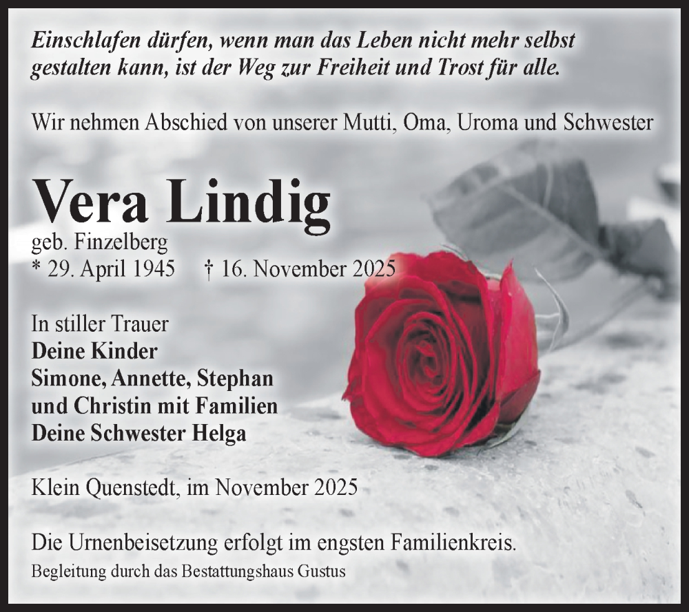  Traueranzeige für Vera Lindig vom 22.11.2025 aus Volksstimme Halberstadt
