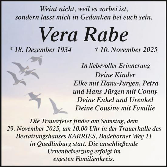 Traueranzeige von Vera Rabe von Trauerkombi Quedlinburg