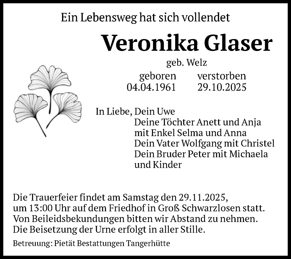  Traueranzeige für Veronika Glaser vom 22.11.2025 aus Volksstimme Altmark Ost