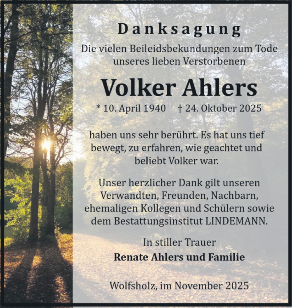  Traueranzeige für Volker Ahlers vom 15.11.2025 aus Volksstimme Wernigerode