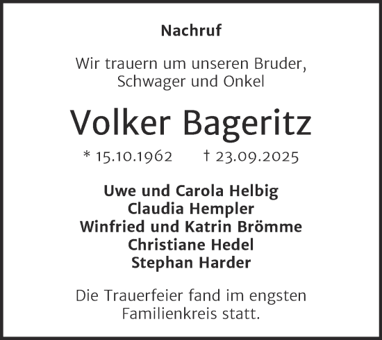Traueranzeige von Volker Bageritz von Mitteldeutsche Zeitung Halle/Saalkreis