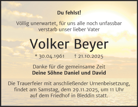 Traueranzeige von Volker Beyer von Trauerkombi Wittenberg