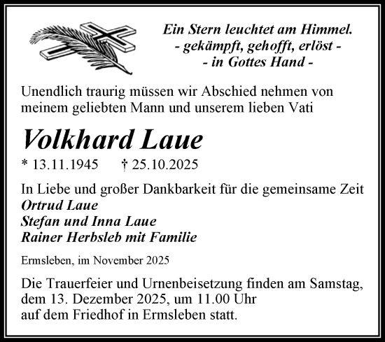 Traueranzeige von Volkhard Laue von Trauerkombi Aschersleben