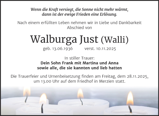 Traueranzeige von Walburga Just von Trauerkombi Köthen