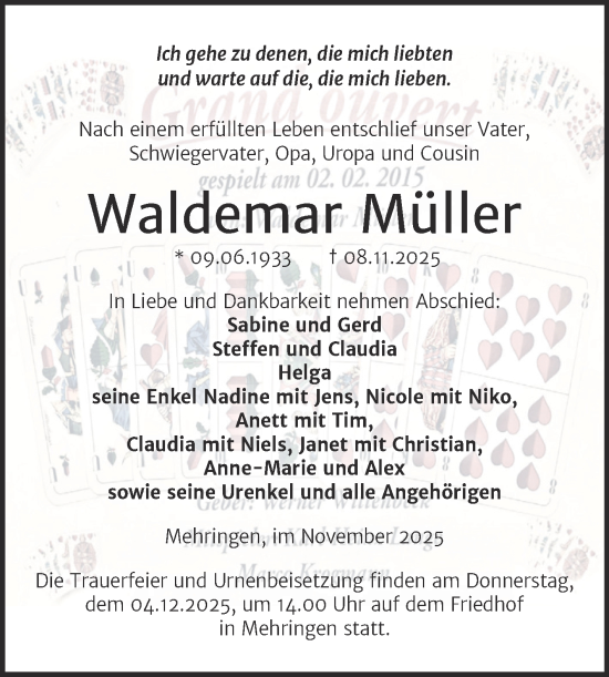 Traueranzeige von Waldemar Müller von Trauerkombi Aschersleben