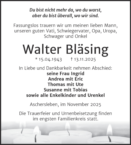 Traueranzeige von Walter Bläsing von Trauerkombi Aschersleben