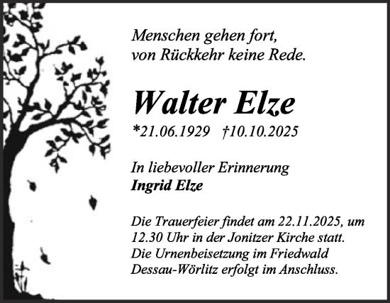 Traueranzeige von Walter Elze von Trauerkombi Dessau