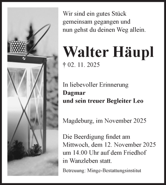 Traueranzeige von Walter Häupl von Volksstimme Magdeburg
