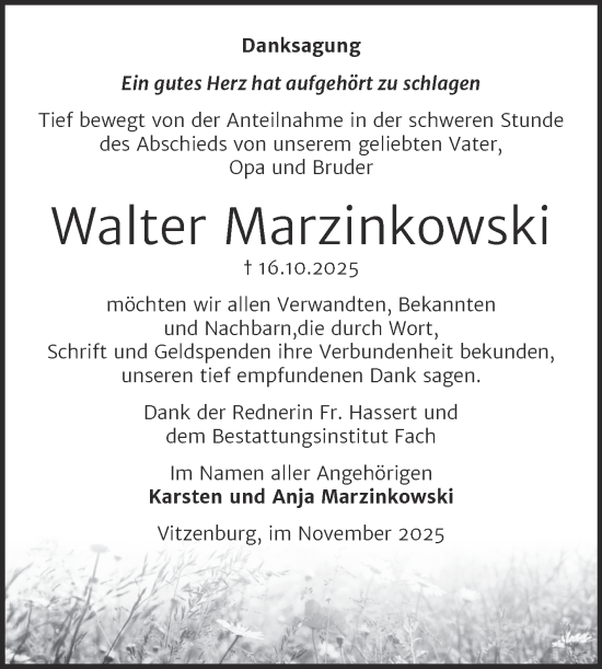 Traueranzeige von Walter Marzinkowski von Super Sonntag Merseburg/Querfurt