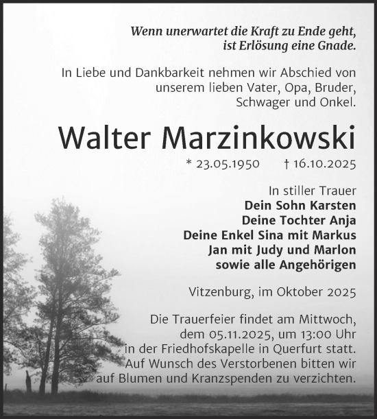 Traueranzeige von Walter Marzinkowski von Trauerkombi Merseburg