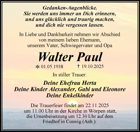 Traueranzeige von Walter Paul von Trauerkombi Wittenberg