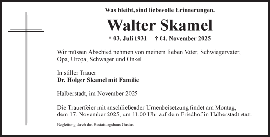 Traueranzeige von Walter Skamel von Volksstimme Halberstadt