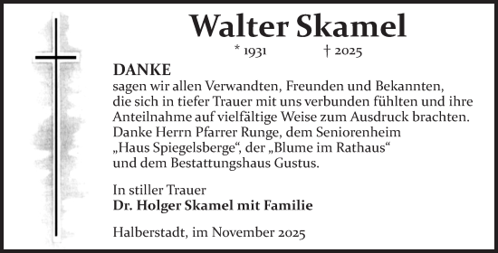 Traueranzeige von Walter Skamel von Volksstimme Halberstadt