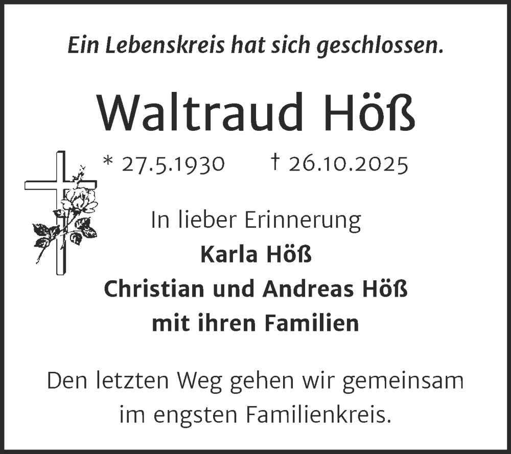  Traueranzeige für Waltraud Höß vom 08.11.2025 aus Super Sonntag Naumburg/Nebra