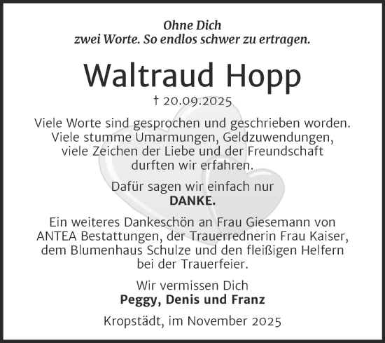 Traueranzeige von Waltraud Hopp von Trauerkombi Wittenberg