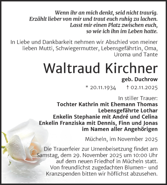 Traueranzeige von Waltraud Kirchner von Trauerkombi Merseburg