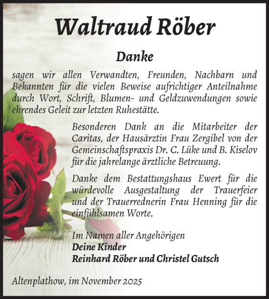 Traueranzeige von Waltraud Röber von Volksstimme Burg/Genthin