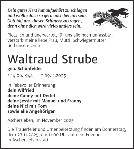 Traueranzeige von Waltraud Strube von Trauerkombi Aschersleben