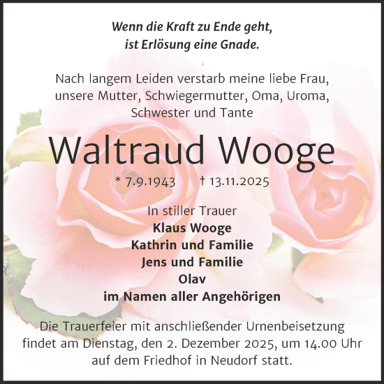 Traueranzeige von Waltraud Wooge von Trauerkombi Quedlinburg