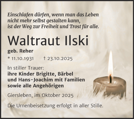 Traueranzeige von Waltraut Ilski von Trauerkombi Aschersleben