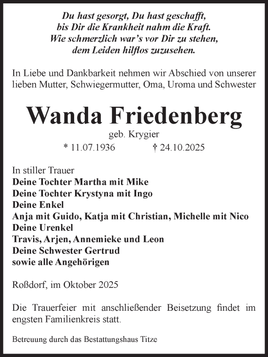 Traueranzeige von Wanda Friedenberg von Volksstimme Burg/Genthin