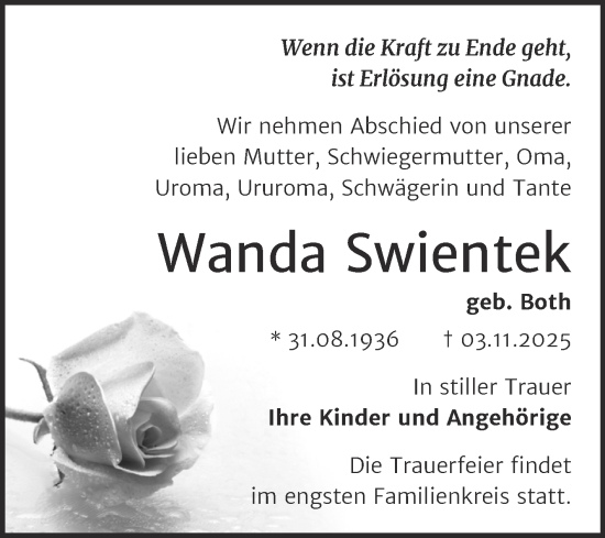 Traueranzeige von Wanda Swientek von Trauerkombi Dessau