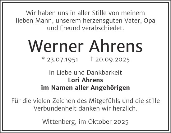 Traueranzeige von Werner Ahrens von Trauerkombi Wittenberg