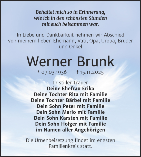 Traueranzeige von Werner Brunk von Trauerkombi Wittenberg