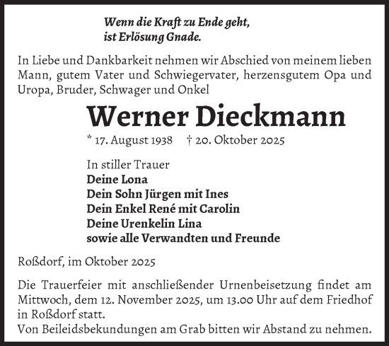 Traueranzeige von Werner Dieckmann von Volksstimme Burg/Genthin