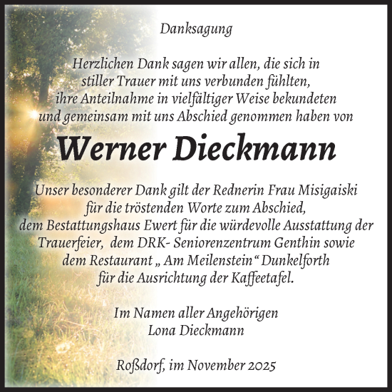 Traueranzeige von Werner Dieckmann von Volksstimme Burg/Genthin