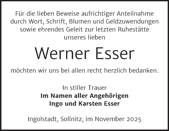 Traueranzeige von Werner Esser von Trauerkombi Dessau
