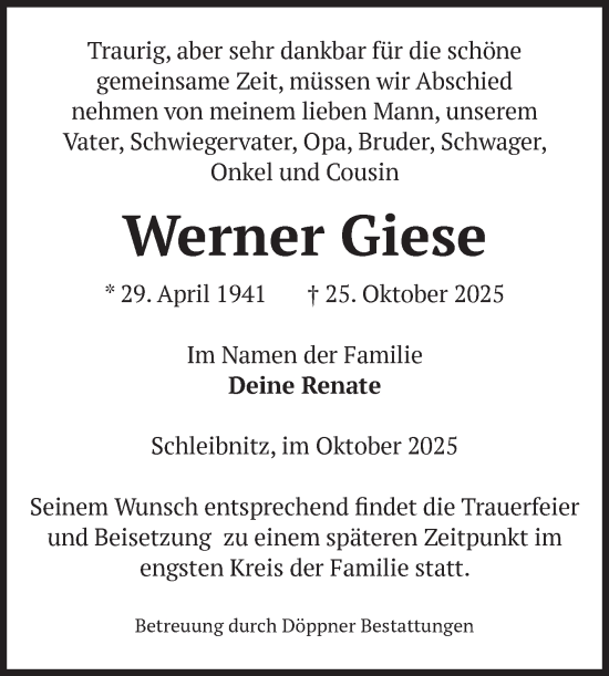 Traueranzeige von Werner Giese von Volksstimme Oschersleben/Wanzleben