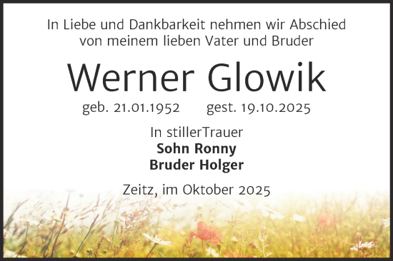 Traueranzeige von Werner Glowik von Trauerkombi Zeitz