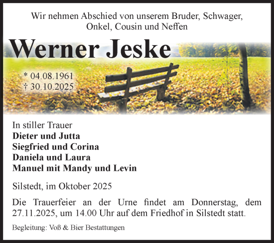 Traueranzeige von Werner Jeske von Volksstimme Wernigerode