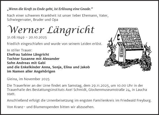 Traueranzeige von Werner Längricht von Super Sonntag Naumburg/Nebra