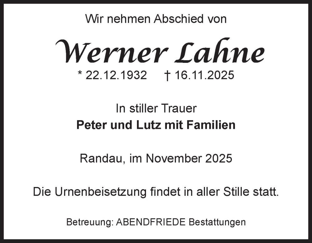  Traueranzeige für Werner Lahne vom 22.11.2025 aus Volksstimme Magdeburg