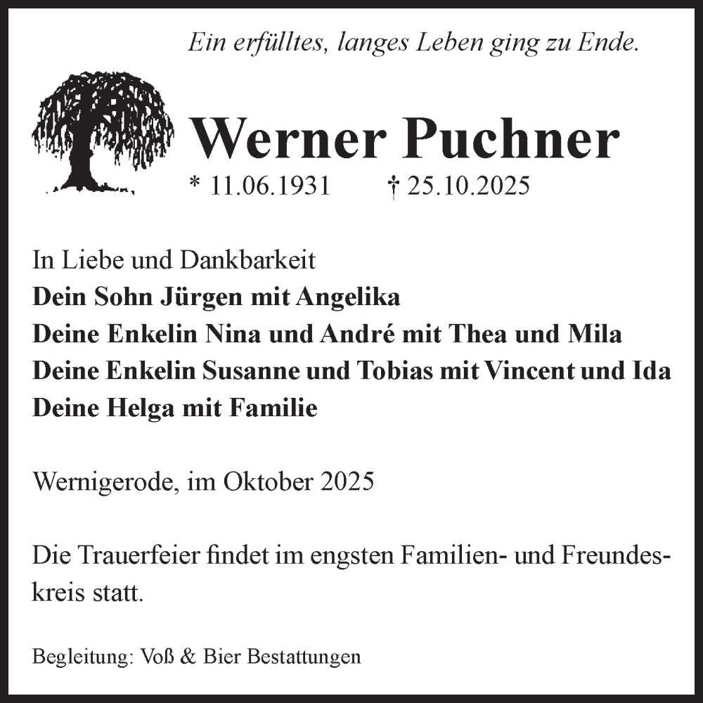  Traueranzeige für Werner Puchner vom 01.11.2025 aus Volksstimme Wernigerode