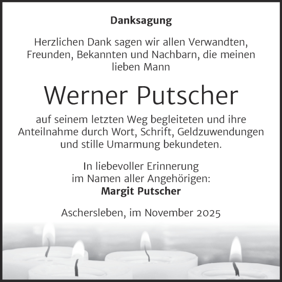 Traueranzeige von Werner Putscher von Trauerkombi Aschersleben