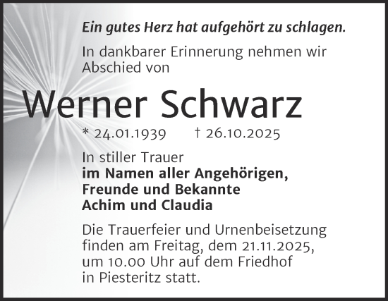 Traueranzeige von Werner Schwarz von Trauerkombi Wittenberg